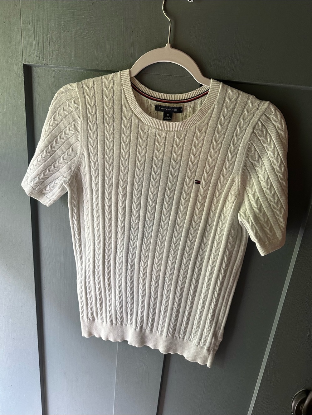Tommy Hilfiger Cream Cable Knit Short Sleeve Sweater-Seafoam light blue